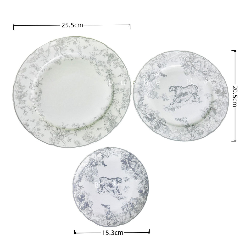 Jungle Tiger Bone China Dinner Plate Three-Piece Set Ruyi Printed Plate Flat Plate Fruit Plate Dessert Plate