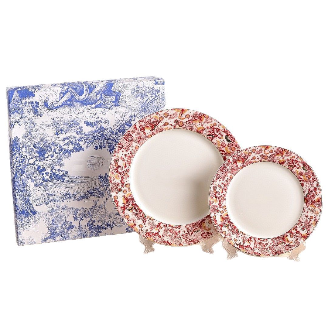 European Style Light Luxury D Brand Red Blue and White Bone China Couple Afternoon Tea Coffee Cup and Saucer Set Gift Box