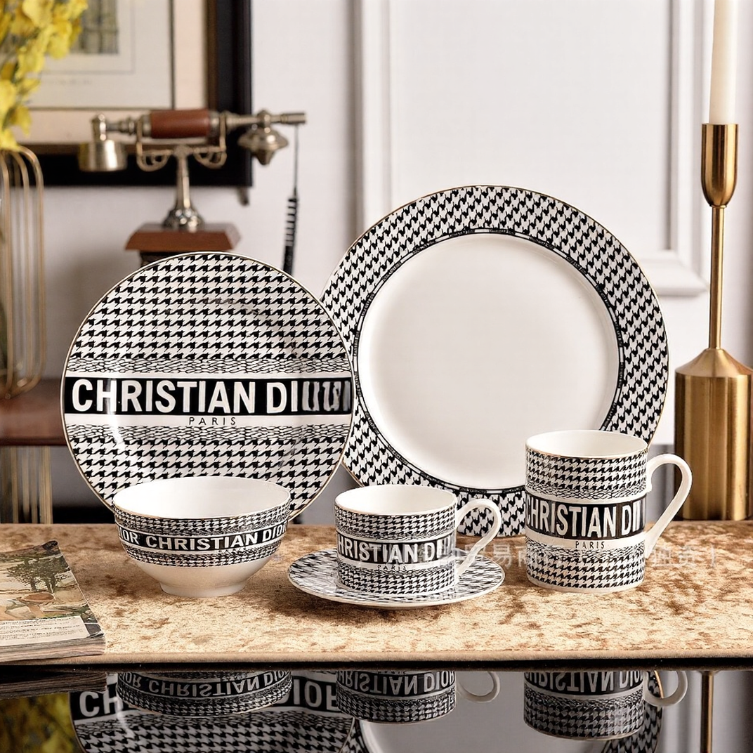Christian Dior Style Houndstooth Ceramic Dinnerware Set - Luxury Tableware Collection