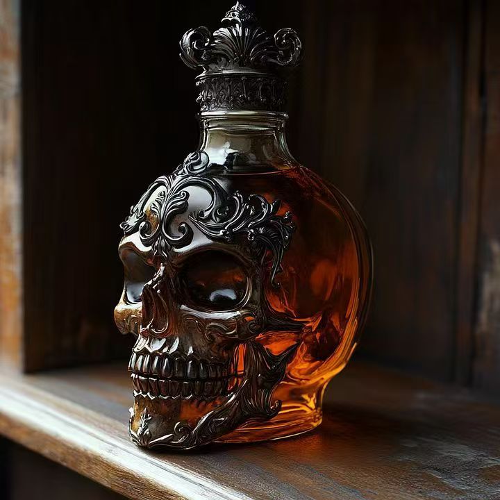 Ornate Skull Whiskey Decanter - Decorative Glass Spirit Bottle