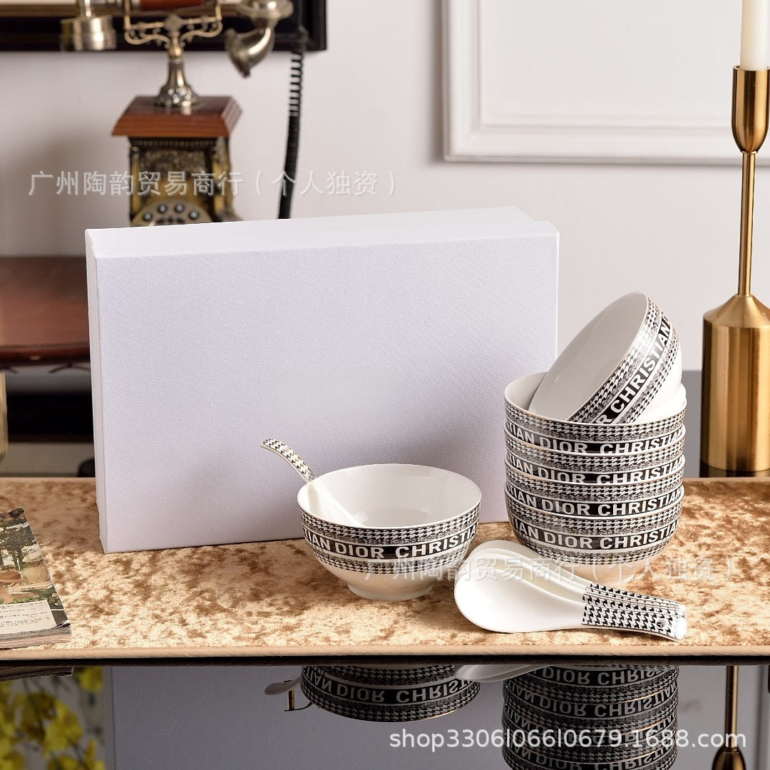 Christian Dior Style Houndstooth Ceramic Dinnerware Set - Luxury Tableware Collection
