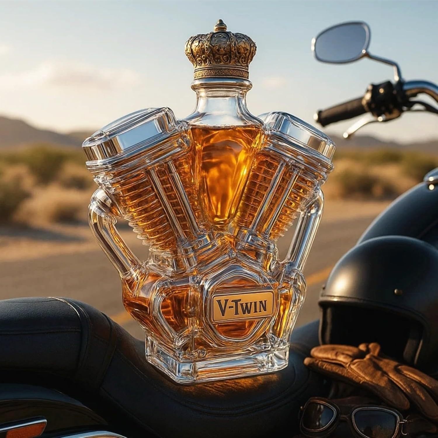 V-Twin Motorcycle Engine Whiskey Decanter - Glass Spirit Bottle