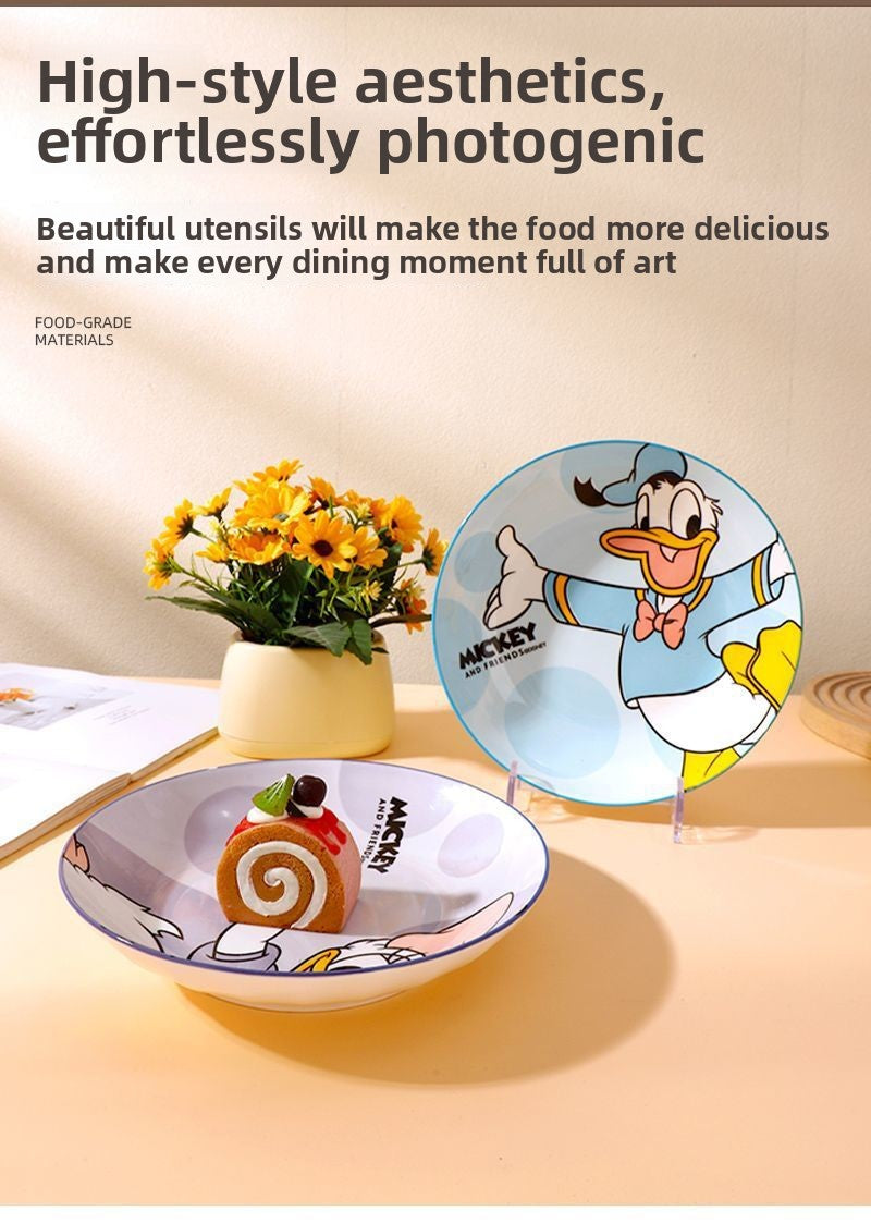 Disney Ceramic Plate High-Value Cartoon Round Plate Le You Mickey Household Underglaze Color Dish Plate High Temperature Resistant Deep Plate
