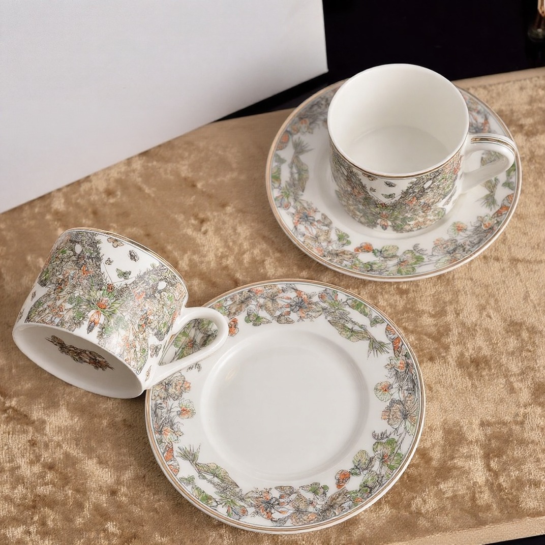 D Botanical & Butterfly Pattern Porcelain Coffee Cup & Saucer Set - Luxury Tableware