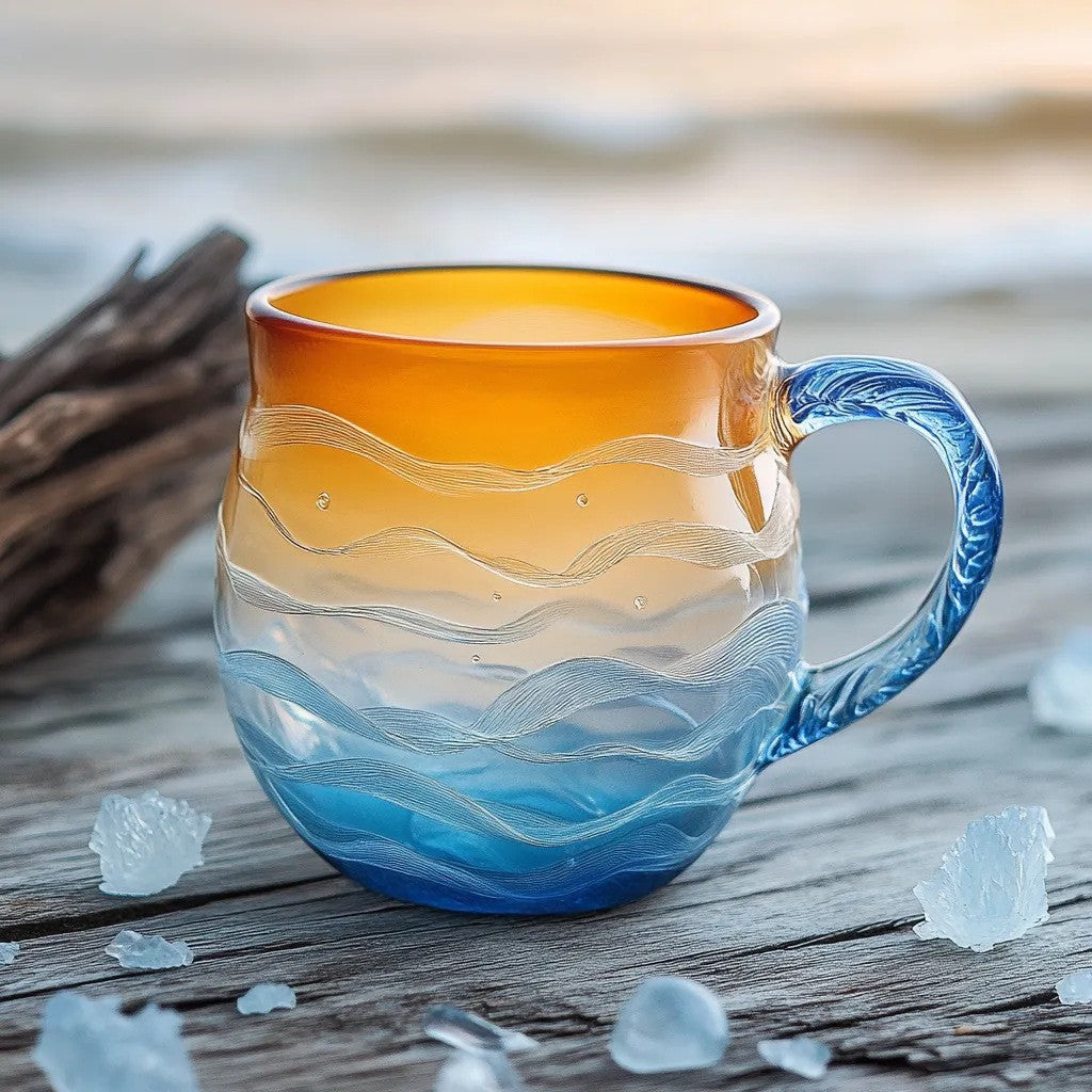 Ombre Wave-Pattern Glass Mug - Blue & Orange Gradient