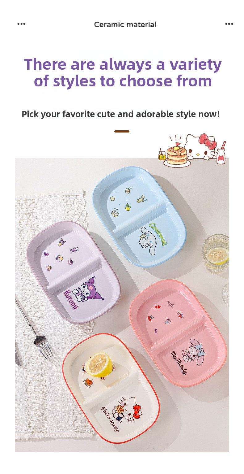 Authentic Sanrio Tableware Kuromi 2-Compartment Plate Children's Food Supplement Plate Ceramic High Temperature Resistant Baking Plate Baby Square Plate