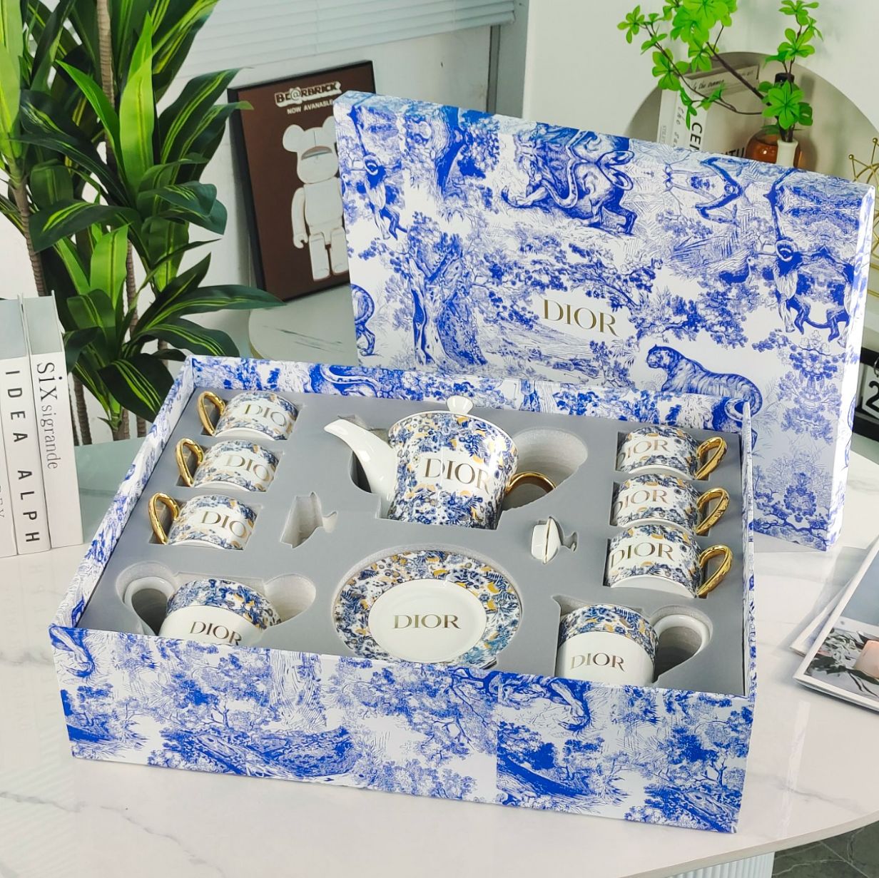 High-end Exquisite Ceramic Western Plate D Home Blue Gold Afternoon Tea Dessert Plate Coffee Cup Pastry Fruit Plate