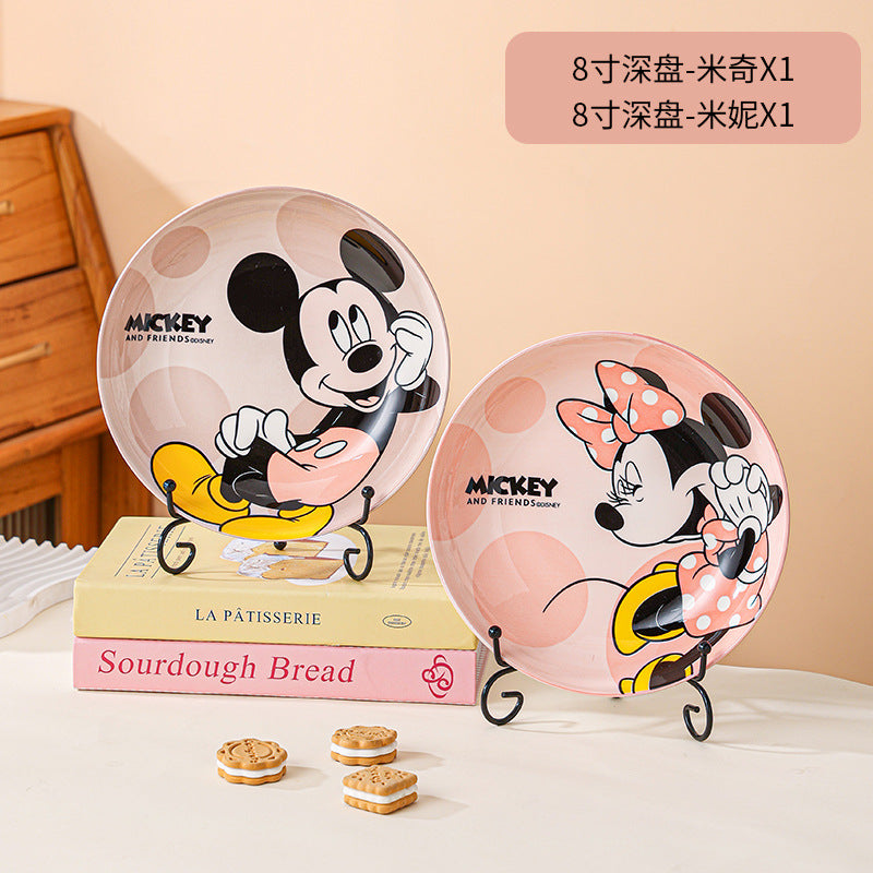 Disney Ceramic Plate High-Value Cartoon Round Plate Le You Mickey Household Underglaze Color Dish Plate High Temperature Resistant Deep Plate