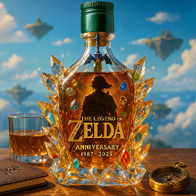 The Legend of Zelda Anniversary Whiskey Decanter - Crystal Triforce & Hero Themed Bottle