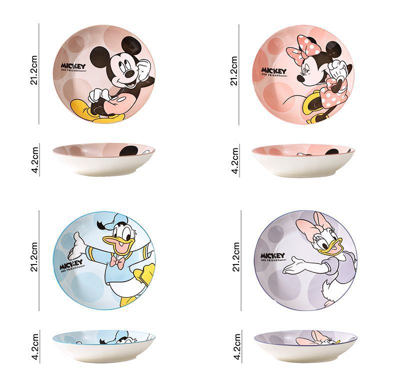Disney Ceramic Plate High-Value Cartoon Round Plate Le You Mickey Household Underglaze Color Dish Plate High Temperature Resistant Deep Plate
