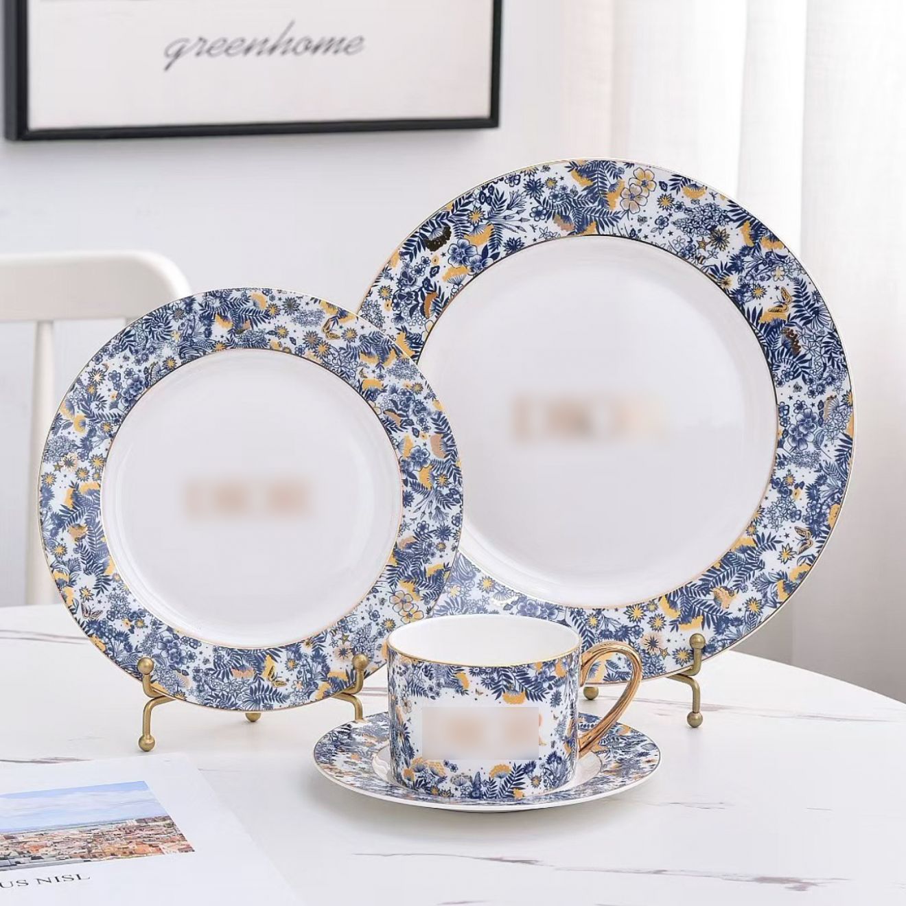High-end Exquisite Ceramic Western Plate D Home Blue Gold Afternoon Tea Dessert Plate Coffee Cup Pastry Fruit Plate