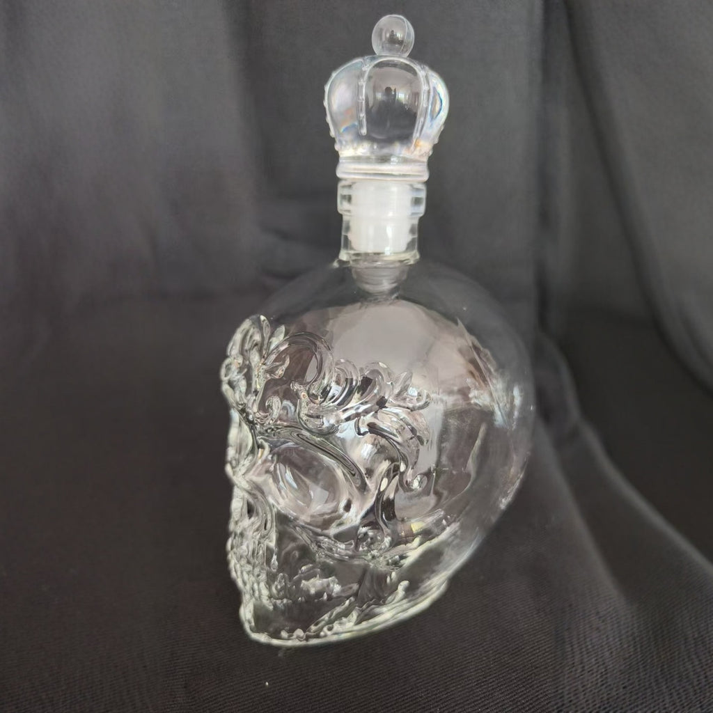 Ornate Skull Whiskey Decanter - Decorative Glass Spirit Bottle