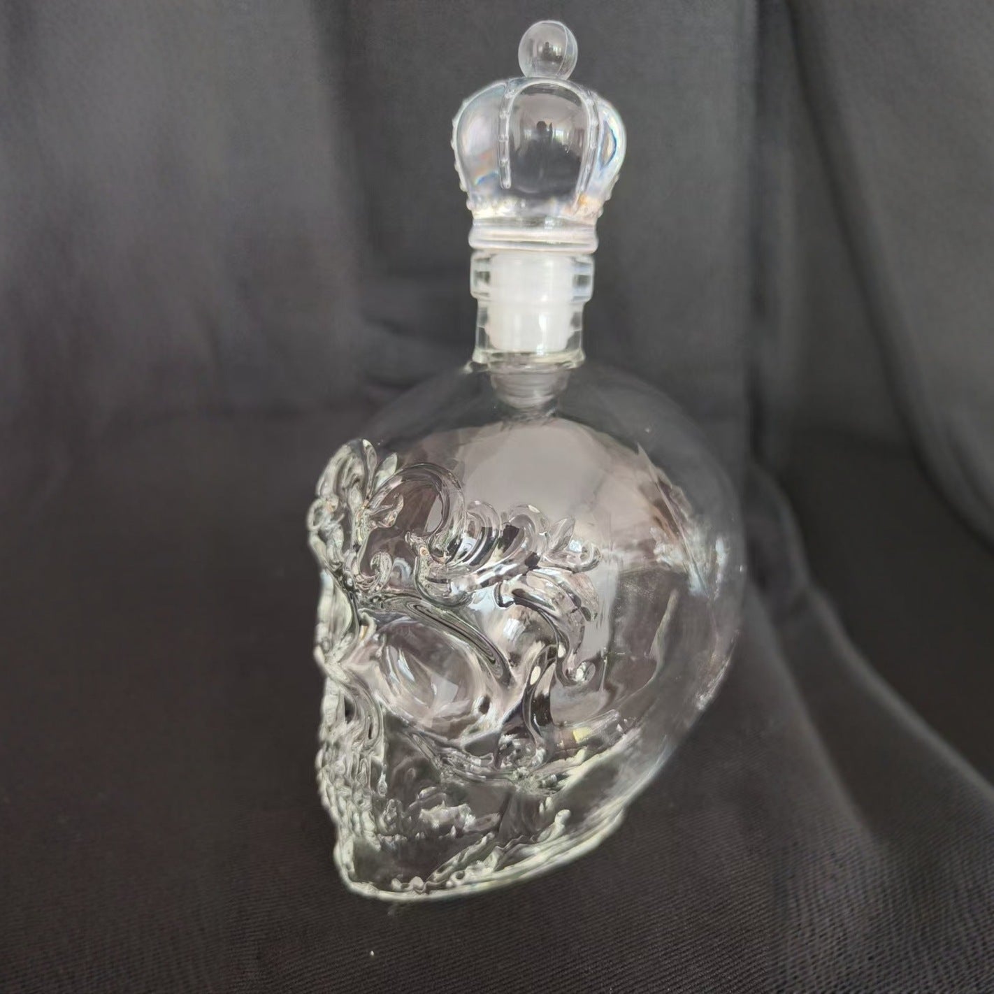 Ornate Skull Whiskey Decanter - Decorative Glass Spirit Bottle