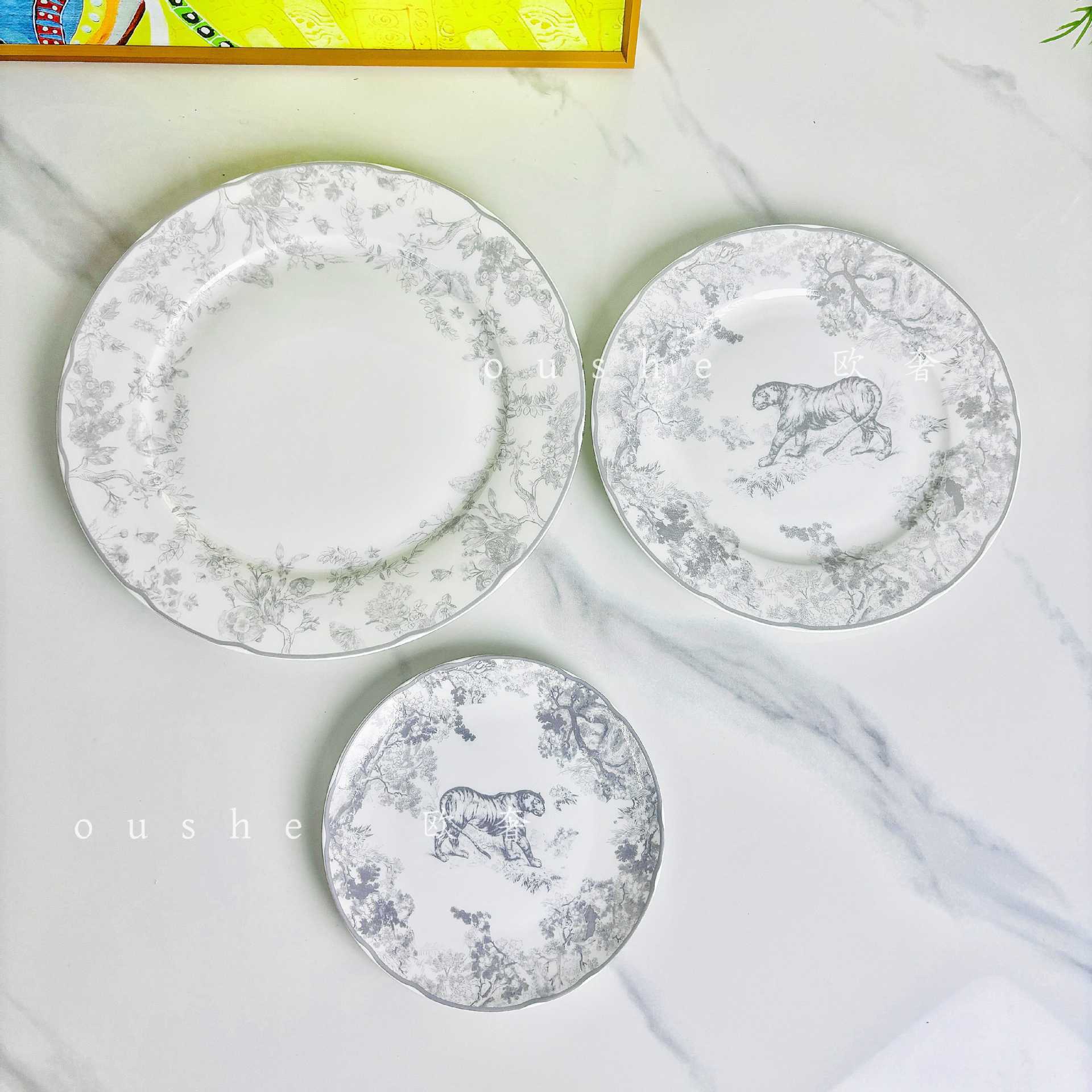 Jungle Tiger Bone China Dinner Plate Three-Piece Set Ruyi Printed Plate Flat Plate Fruit Plate Dessert Plate