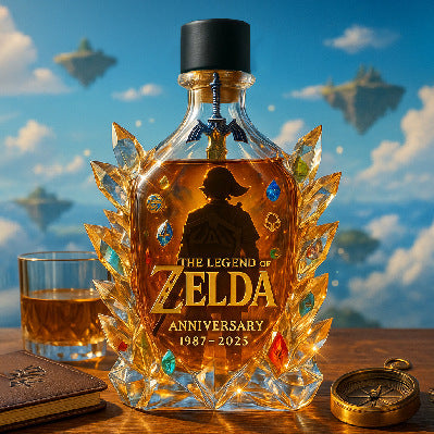 The Legend of Zelda Anniversary Whiskey Decanter - Crystal Triforce & Hero Themed Bottle