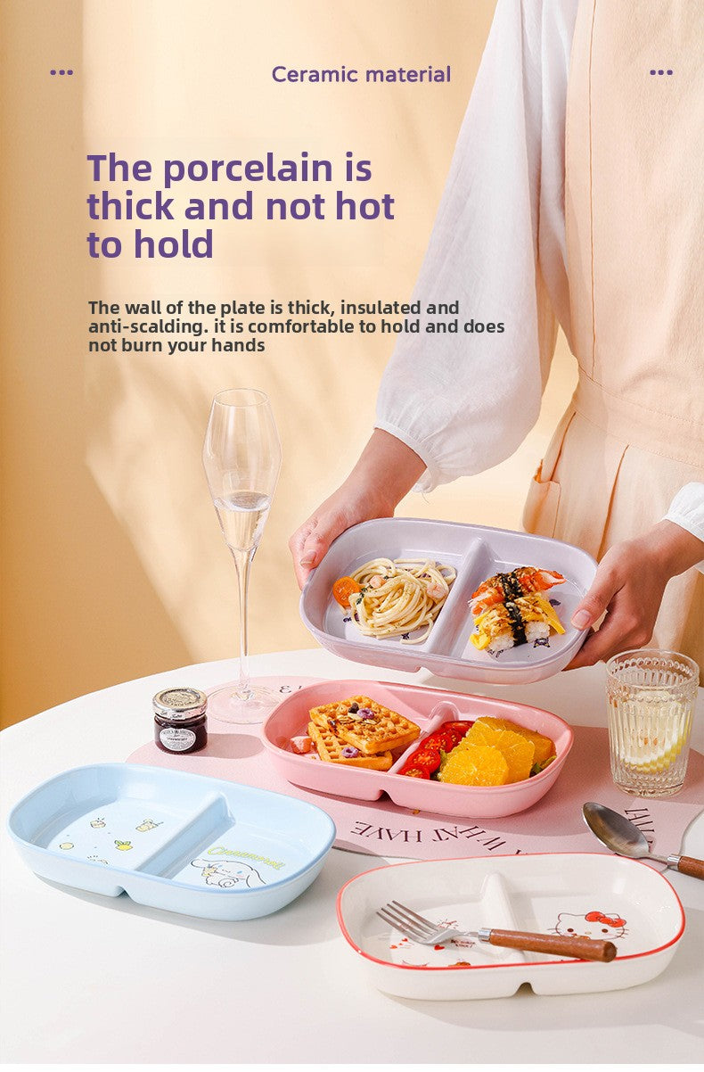 Authentic Sanrio Tableware Kuromi 2-Compartment Plate Children's Food Supplement Plate Ceramic High Temperature Resistant Baking Plate Baby Square Plate