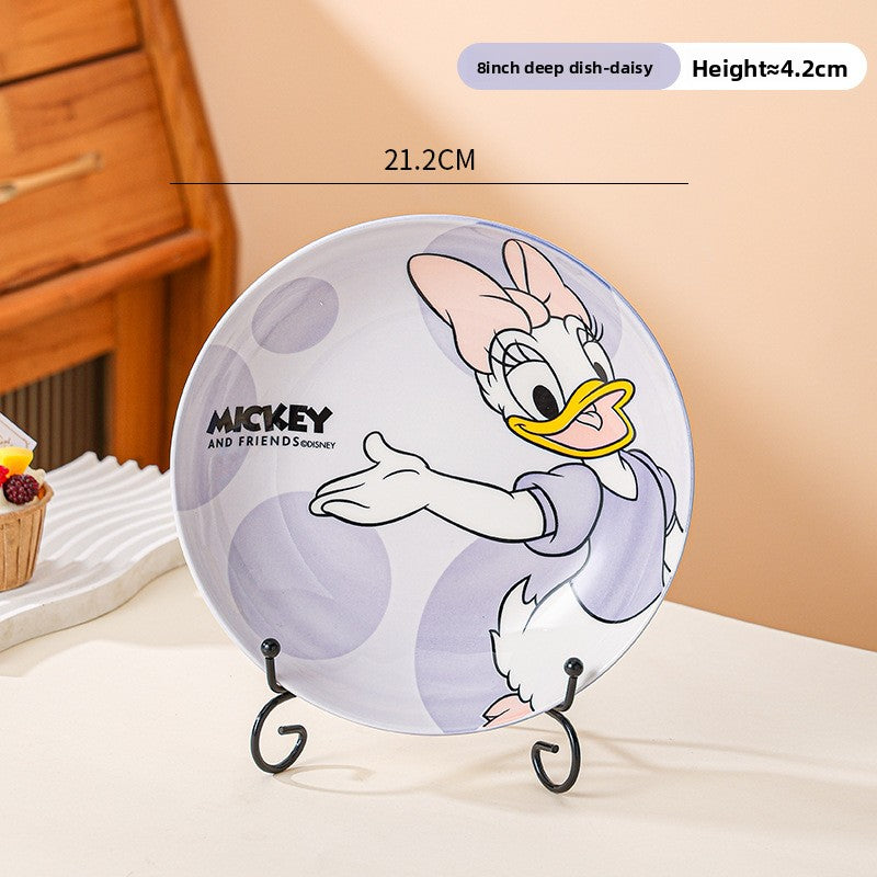 Disney Ceramic Plate High-Value Cartoon Round Plate Le You Mickey Household Underglaze Color Dish Plate High Temperature Resistant Deep Plate