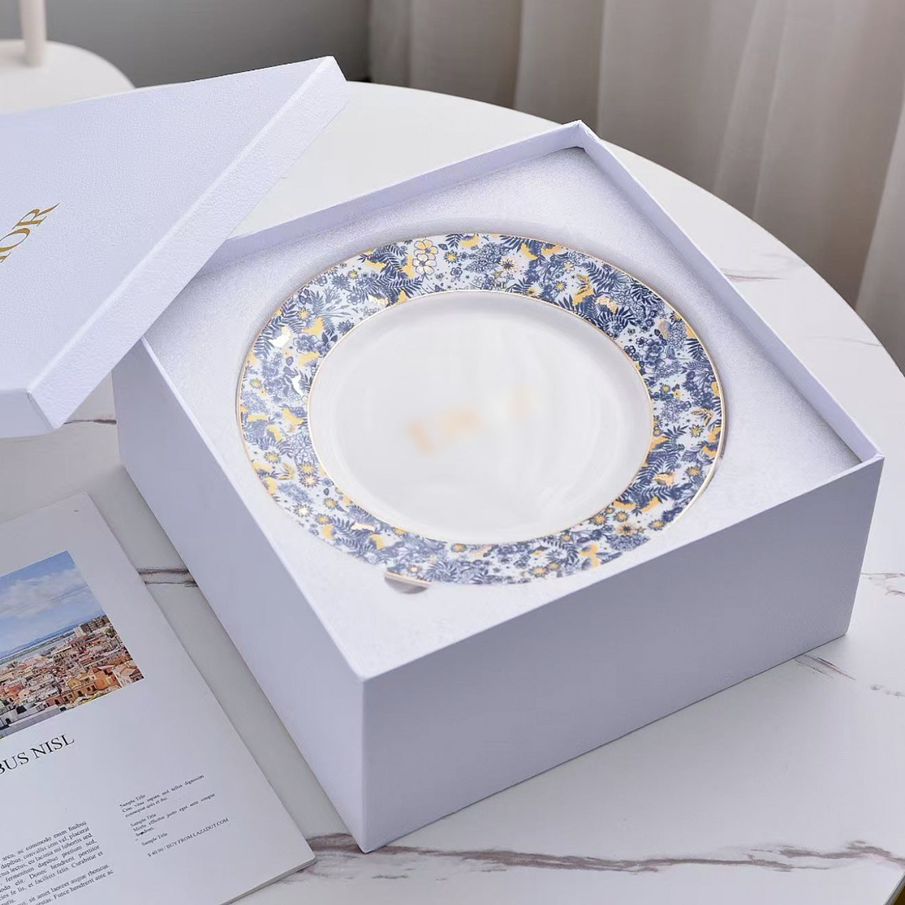 High-end Exquisite Ceramic Western Plate D Home Blue Gold Afternoon Tea Dessert Plate Coffee Cup Pastry Fruit Plate