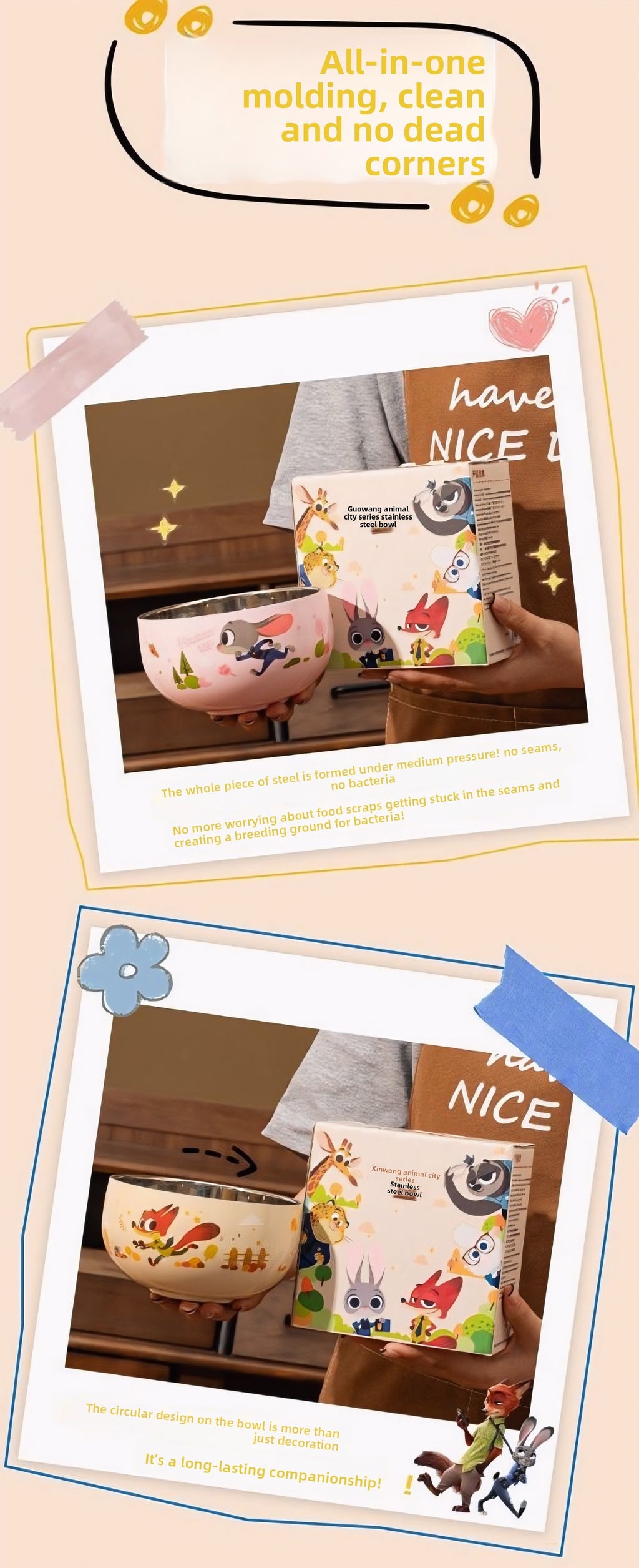 Zootopia & Stitch Stainless Steel Bowls Set - Cartoon Character Kids Tableware