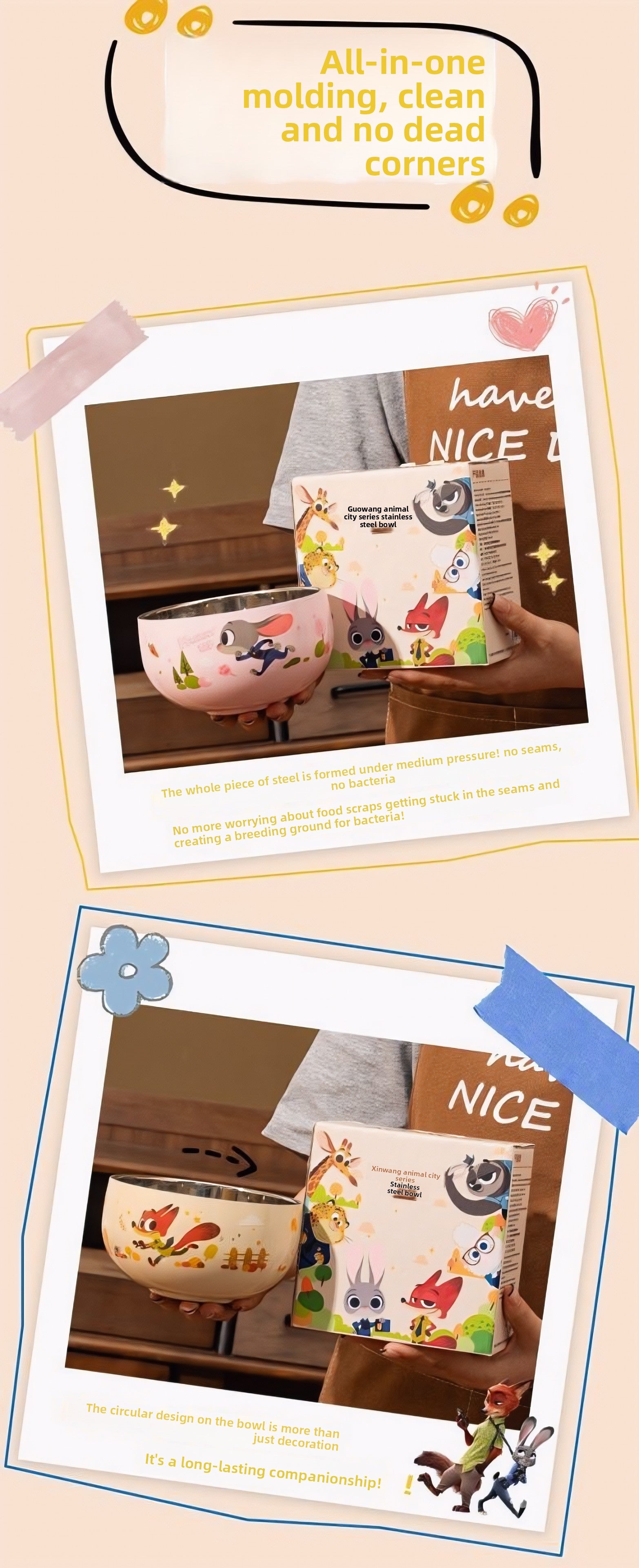 Zootopia & Stitch Stainless Steel Bowls Set - Cartoon Character Kids Tableware