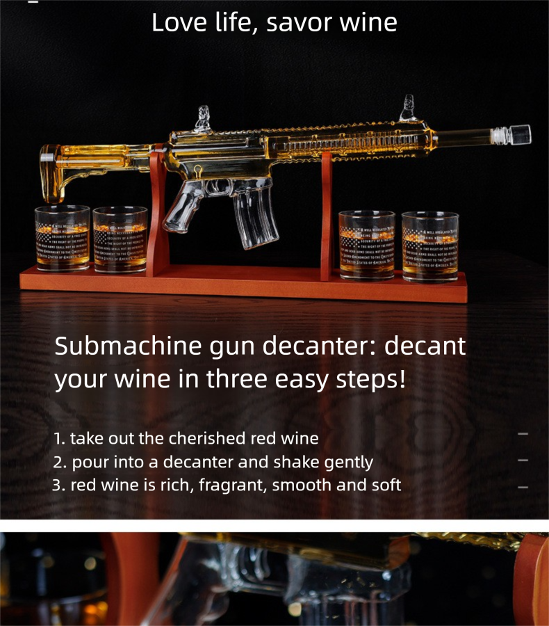 700ml Submachine Gun Whiskey Decanter Set - Full Rifle-Shaped Glass Decanter with Stand & Glasses