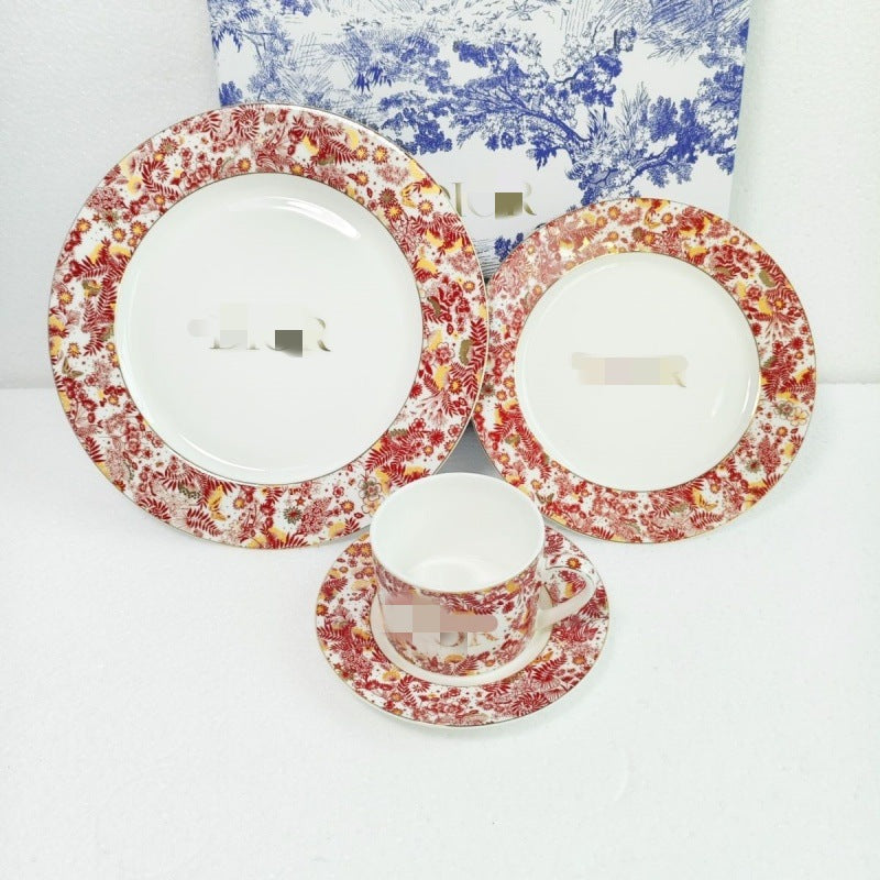 European Style Light Luxury D Brand Red Blue and White Bone China Couple Afternoon Tea Coffee Cup and Saucer Set Gift Box