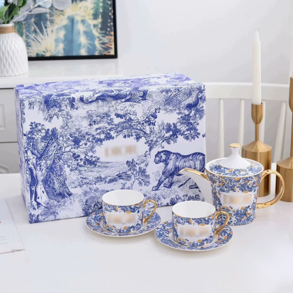 High-end Exquisite Ceramic Western Plate D Home Blue Gold Afternoon Tea Dessert Plate Coffee Cup Pastry Fruit Plate