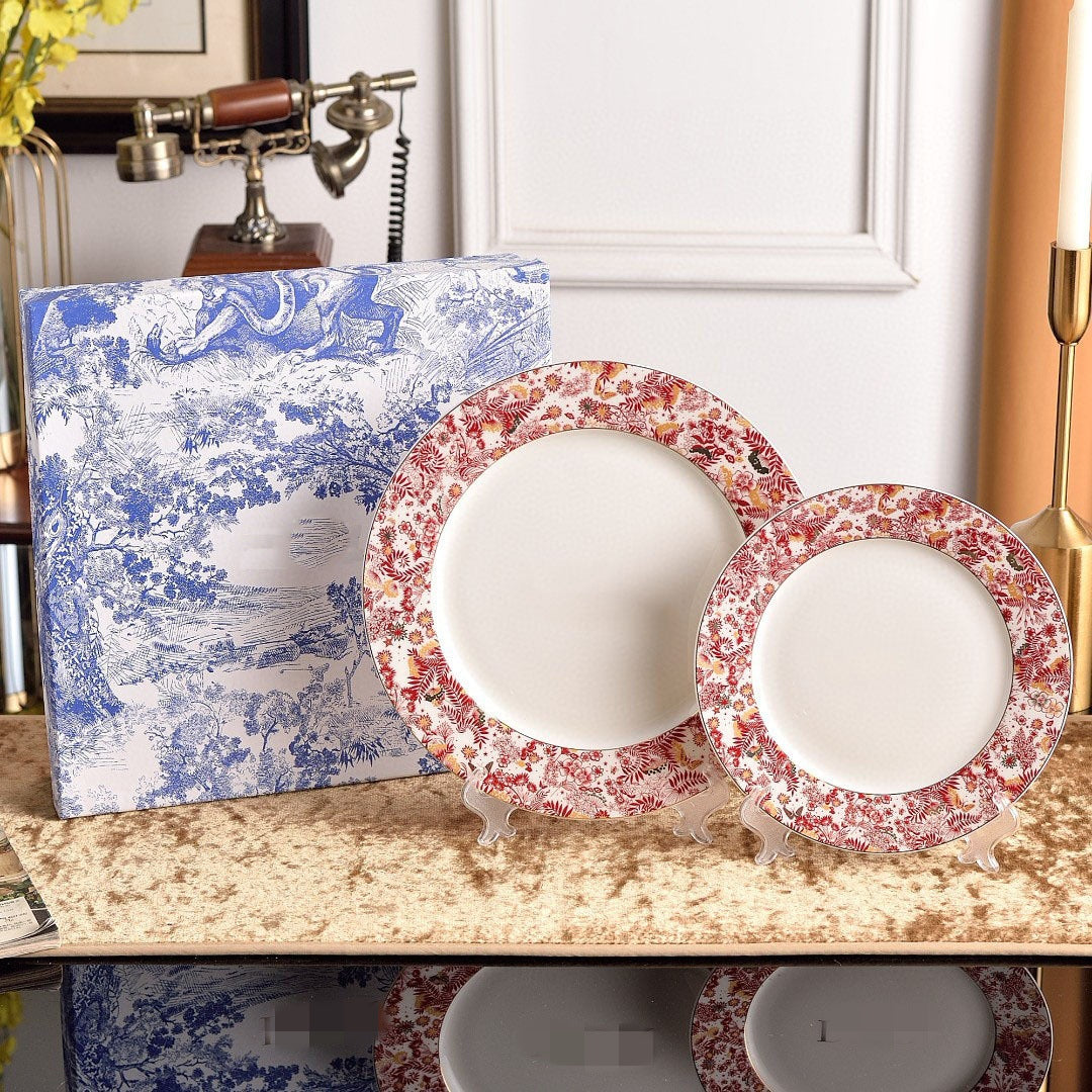 European Style Light Luxury D Brand Red Blue and White Bone China Couple Afternoon Tea Coffee Cup and Saucer Set Gift Box