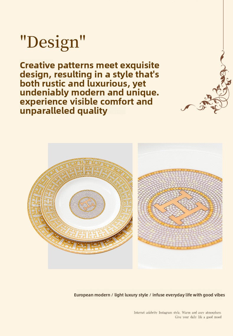 H European Style Round Plate Bone China Dish Plate Tableware Ceramic Plate Western Plate Light Luxury High-end Gold Trim