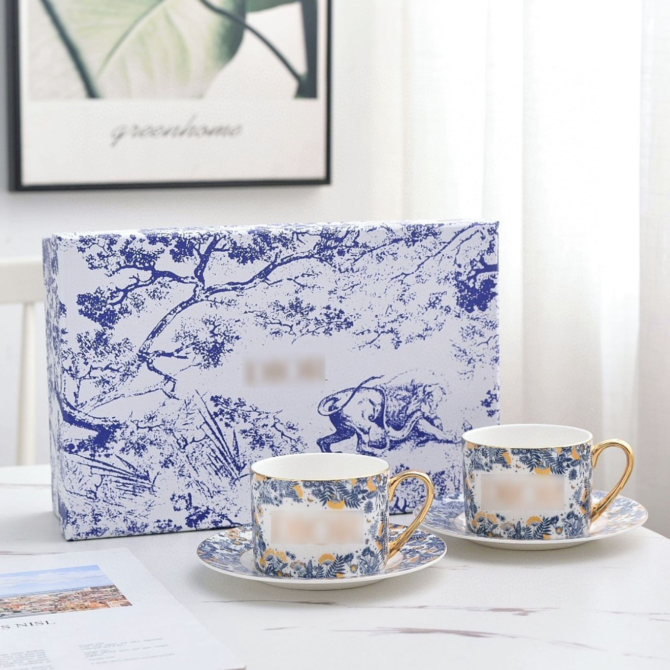 High-end Exquisite Ceramic Western Plate D Home Blue Gold Afternoon Tea Dessert Plate Coffee Cup Pastry Fruit Plate