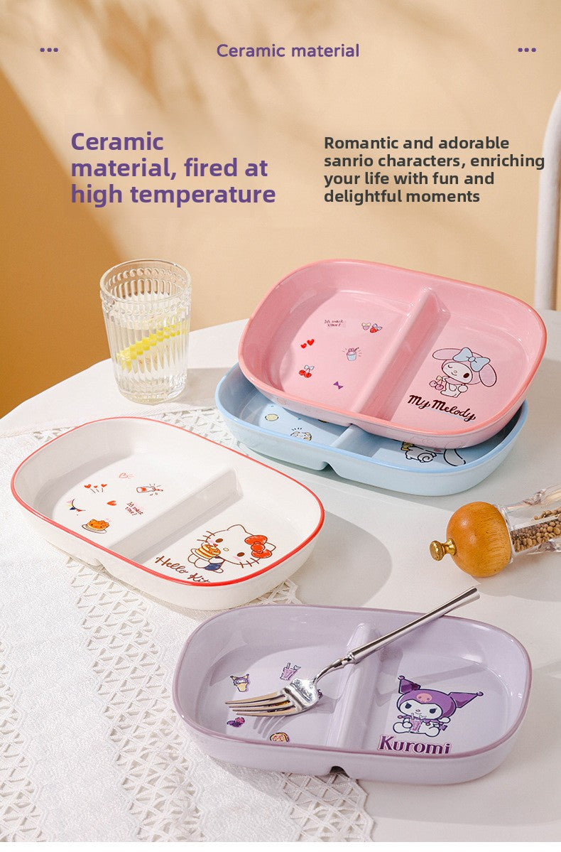Authentic Sanrio Tableware Kuromi 2-Compartment Plate Children's Food Supplement Plate Ceramic High Temperature Resistant Baking Plate Baby Square Plate