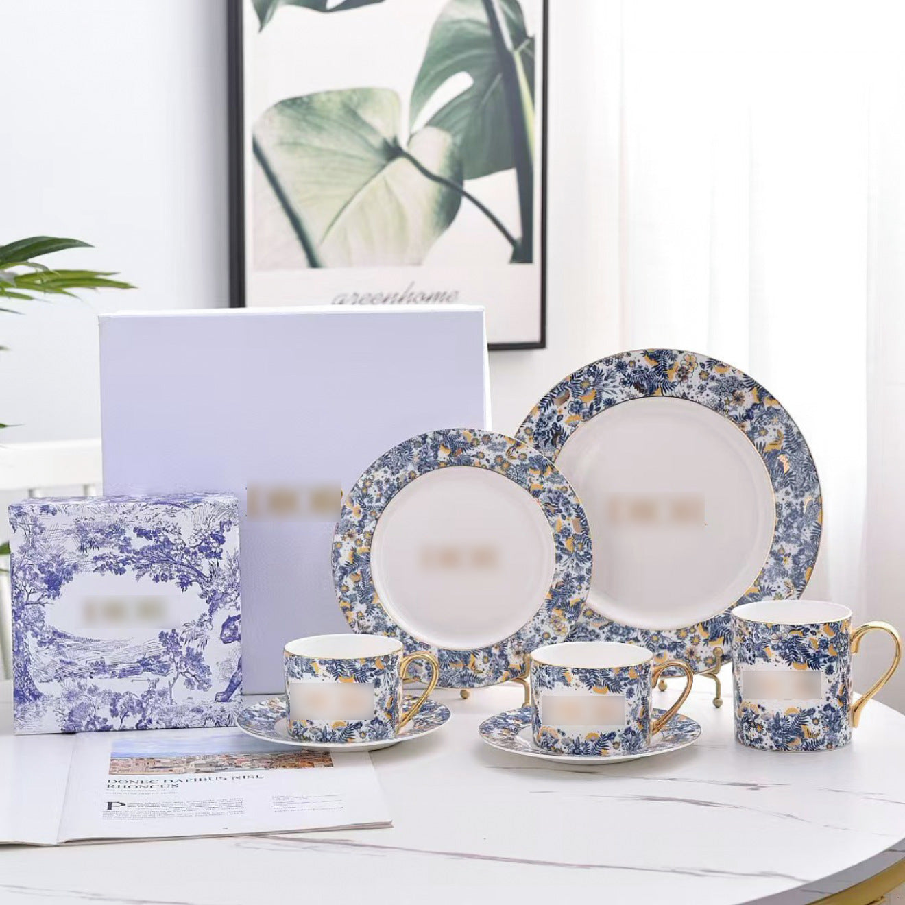 High-end Exquisite Ceramic Western Plate D Home Blue Gold Afternoon Tea Dessert Plate Coffee Cup Pastry Fruit Plate