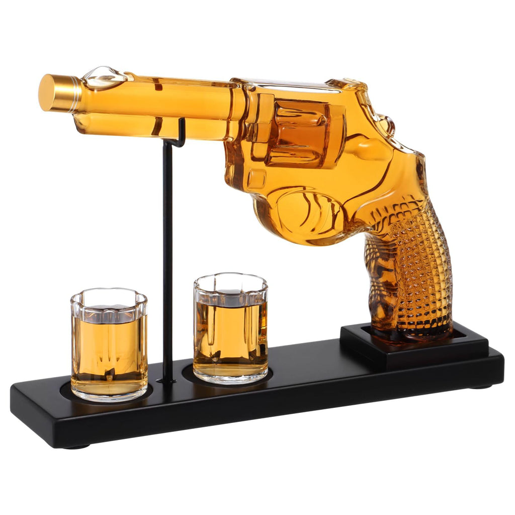 Unique Revolver Whiskey Decanter Set - 100oz Bourbon Scotch Decanter with 2 Shot Glasses