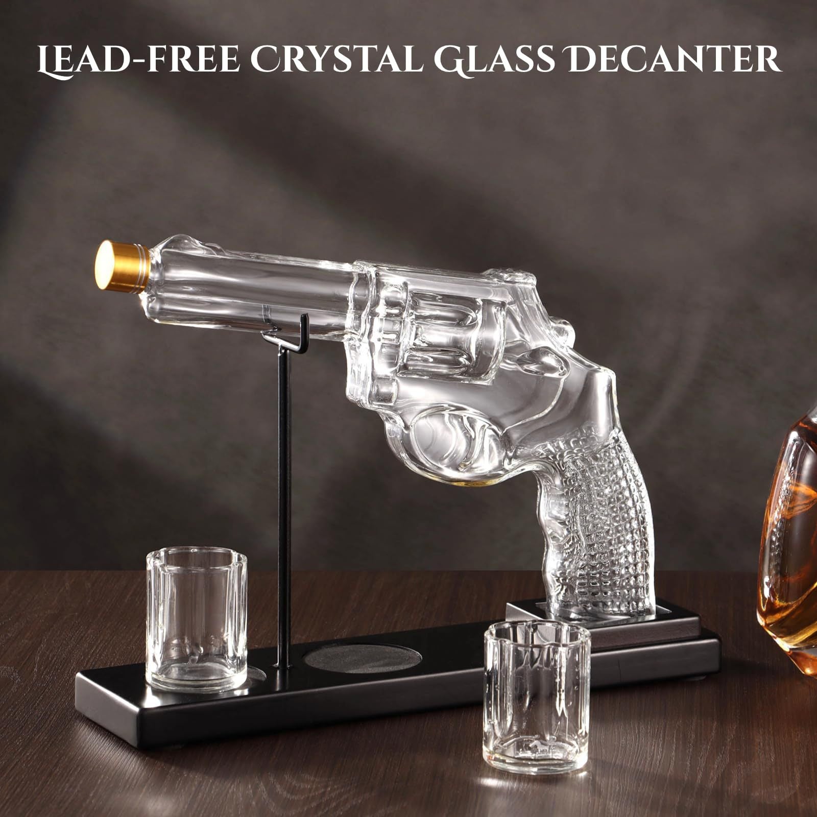 Unique Revolver Whiskey Decanter Set - 100oz Bourbon Scotch Decanter with 2 Shot Glasses