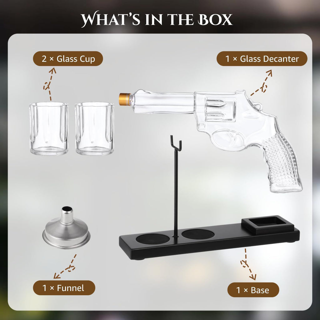 Unique Revolver Whiskey Decanter Set - 100oz Bourbon Scotch Decanter with 2 Shot Glasses