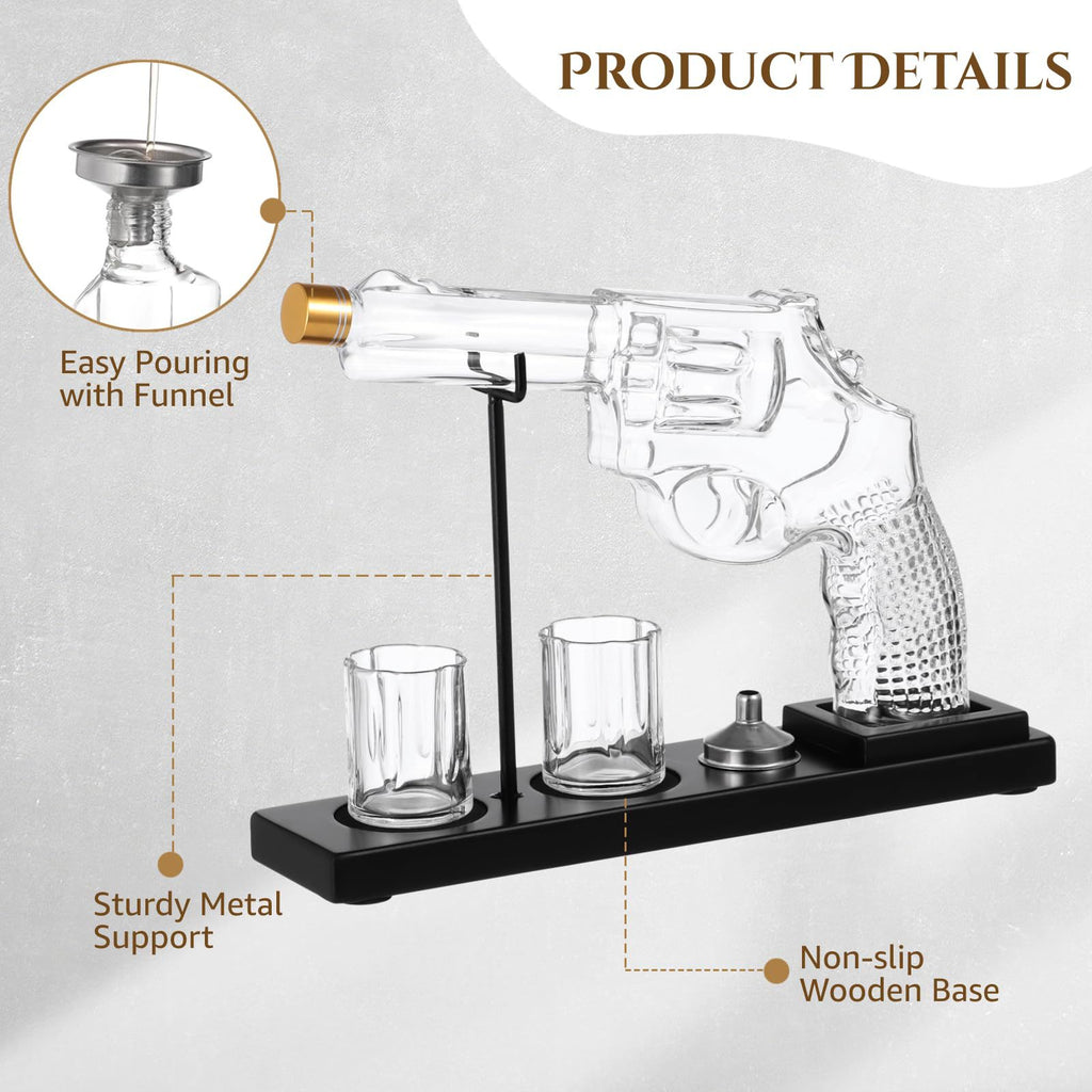 Unique Revolver Whiskey Decanter Set - 100oz Bourbon Scotch Decanter with 2 Shot Glasses