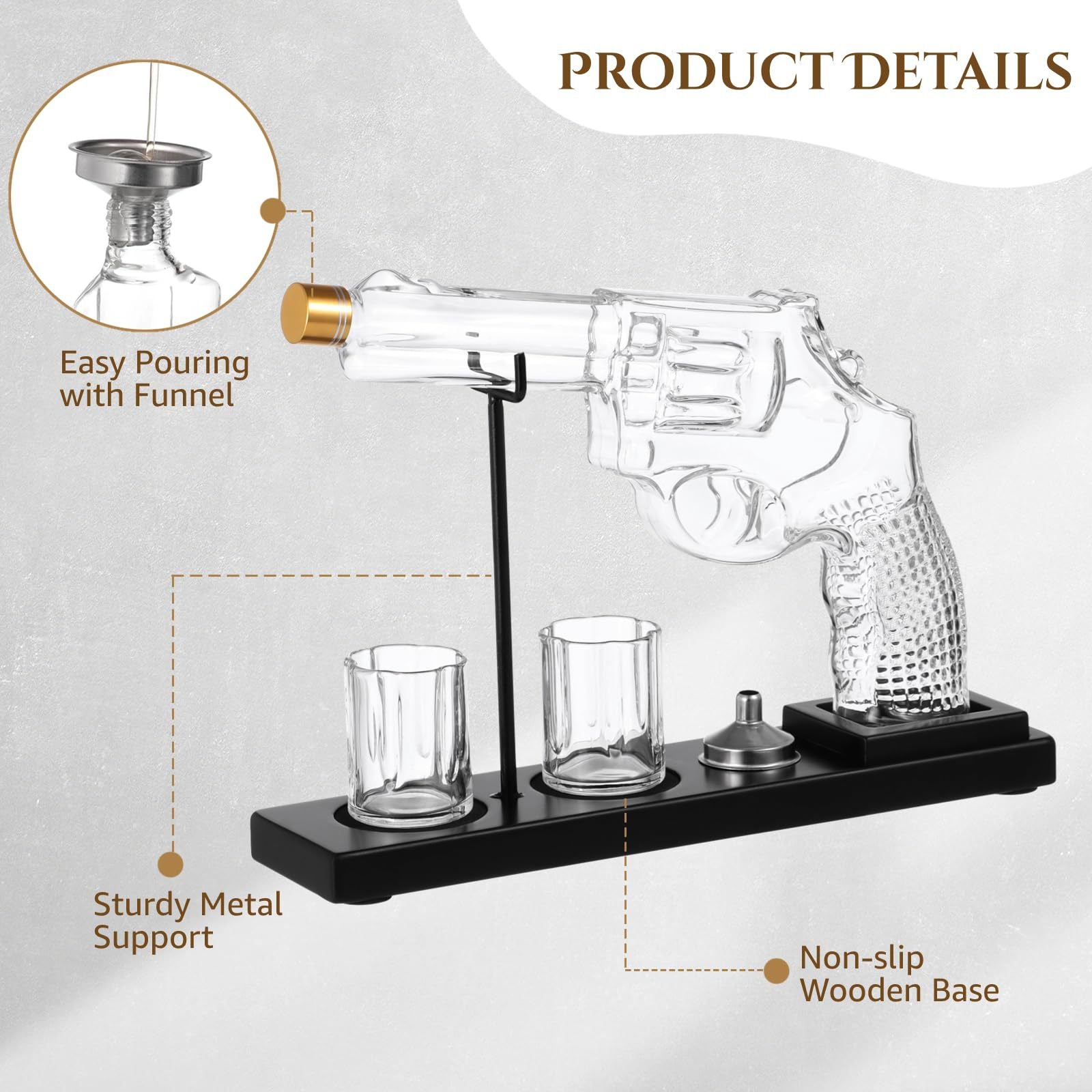 Unique Revolver Whiskey Decanter Set - 100oz Bourbon Scotch Decanter with 2 Shot Glasses