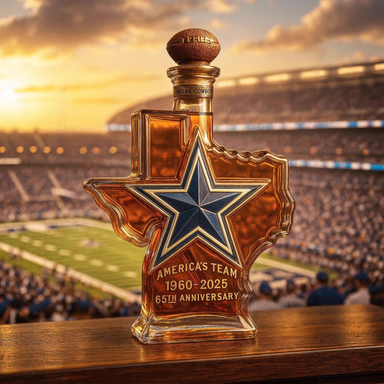Dallas Cowboys 65th Anniversary Whiskey Decanter - Texas State & Star Themed Spirit Bottle
