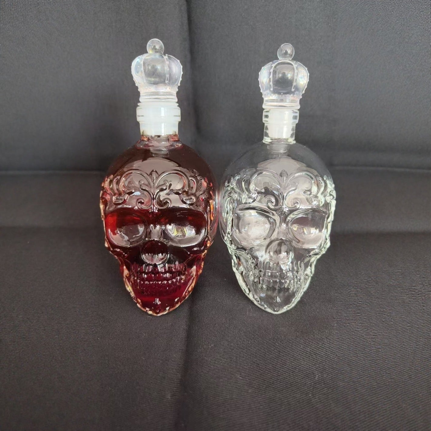 Ornate Skull Whiskey Decanter - Decorative Glass Spirit Bottle