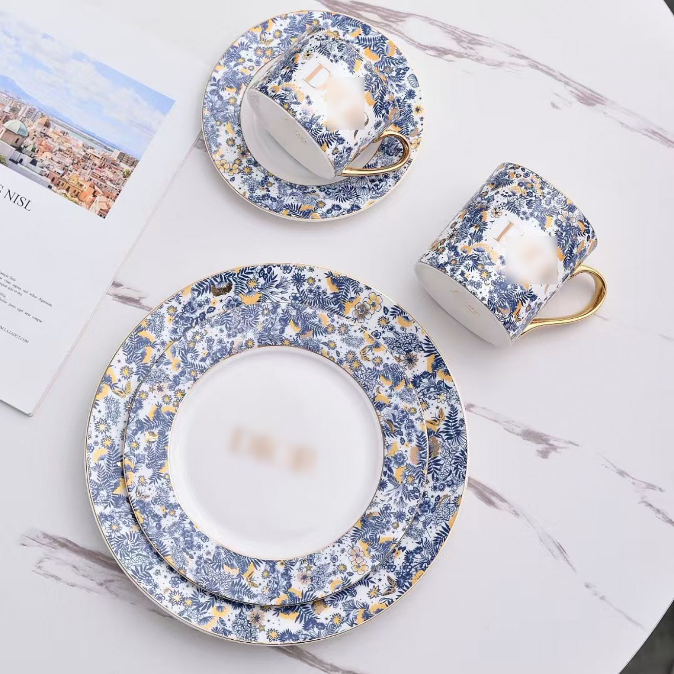 High-end Exquisite Ceramic Western Plate D Home Blue Gold Afternoon Tea Dessert Plate Coffee Cup Pastry Fruit Plate