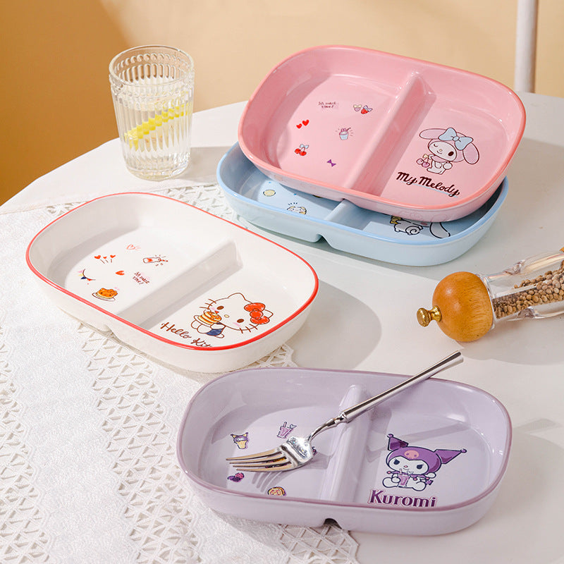 Authentic Sanrio Tableware Kuromi 2-Compartment Plate Children's Food Supplement Plate Ceramic High Temperature Resistant Baking Plate Baby Square Plate