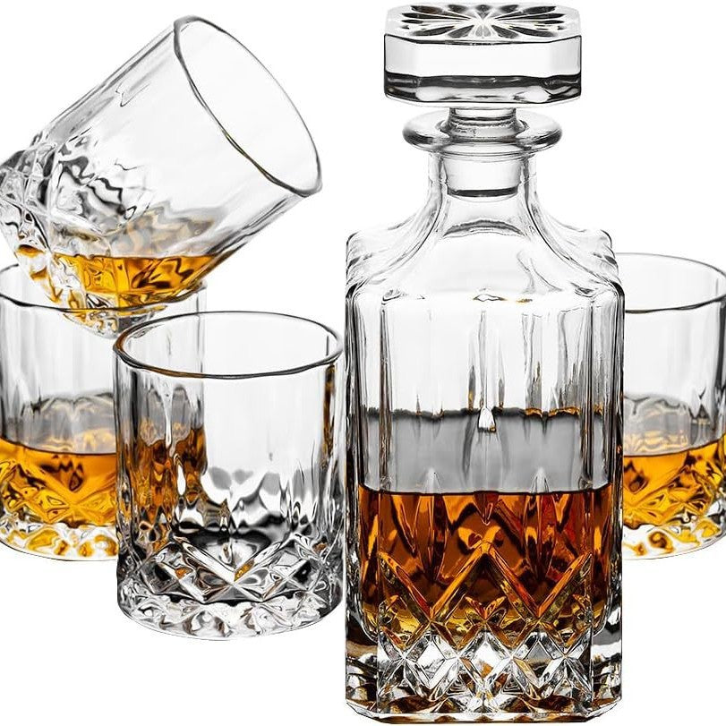 Crystal Cut Whiskey Decanter Set - 750ml Bottle + 4 Tumbler Glasses