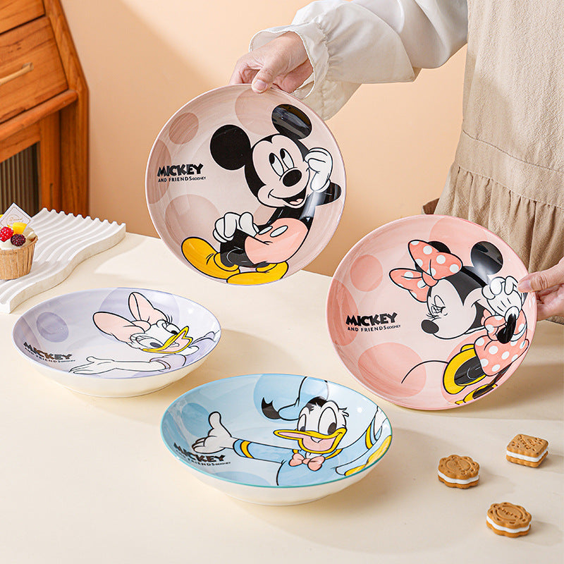 Disney Ceramic Plate High-Value Cartoon Round Plate Le You Mickey Household Underglaze Color Dish Plate High Temperature Resistant Deep Plate