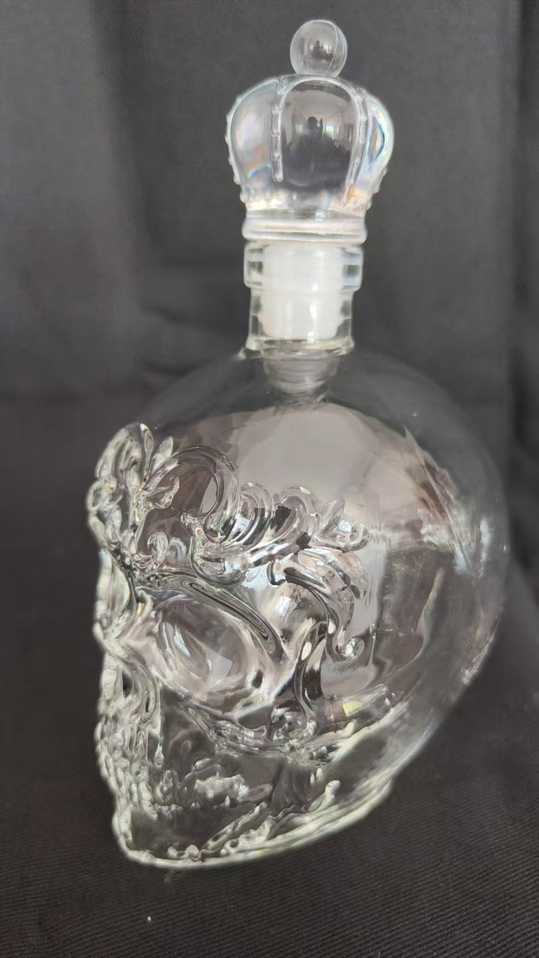 Ornate Skull Whiskey Decanter - Decorative Glass Spirit Bottle