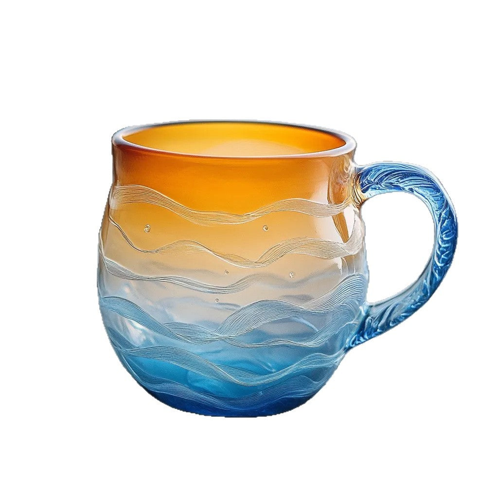 Ombre Wave-Pattern Glass Mug - Blue & Orange Gradient