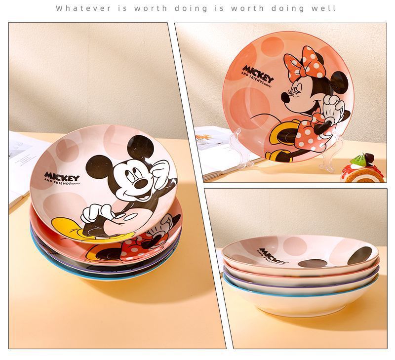 Disney Ceramic Plate High-Value Cartoon Round Plate Le You Mickey Household Underglaze Color Dish Plate High Temperature Resistant Deep Plate