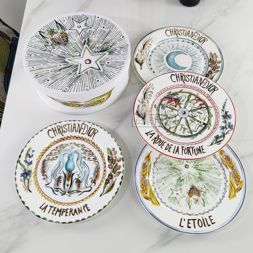 D Brand High-End Exquisite Bone China Western Plate Sun Moon Stars 8inch Flat Plate Steak Salad Ceramic 4-Piece Set