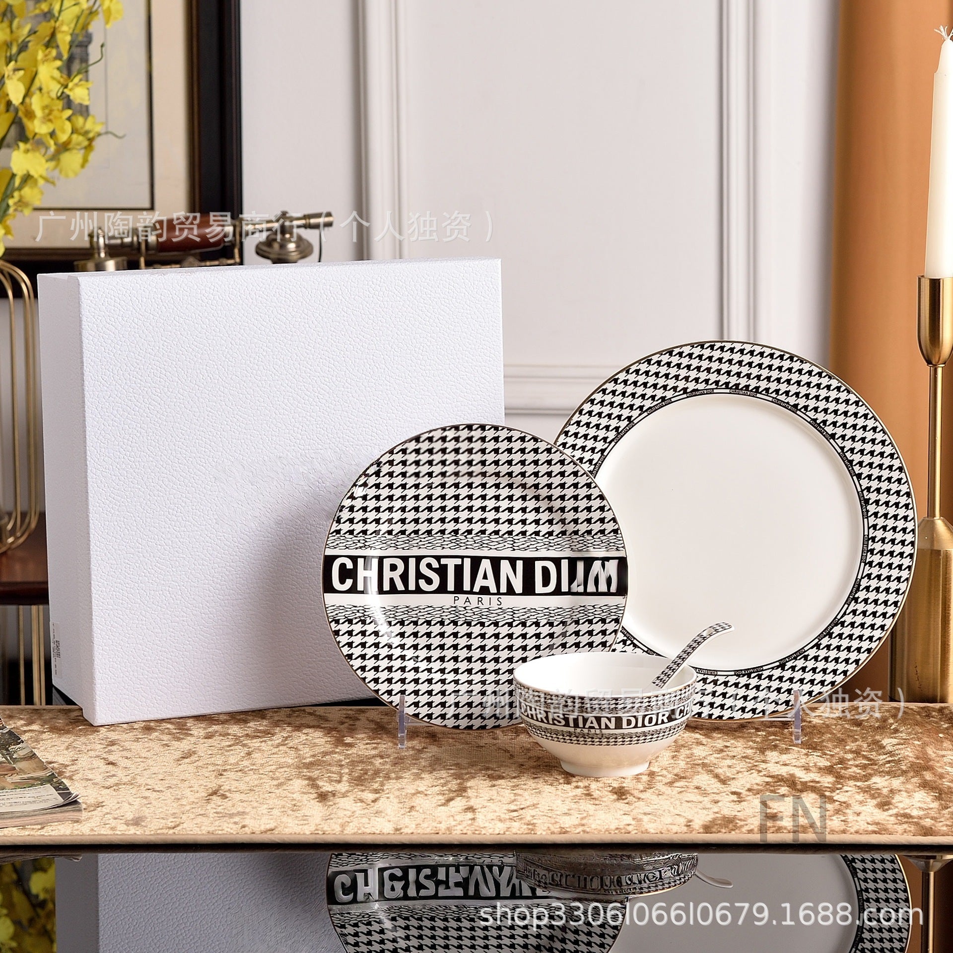 Christian Dior Style Houndstooth Ceramic Dinnerware Set - Luxury Tableware Collection