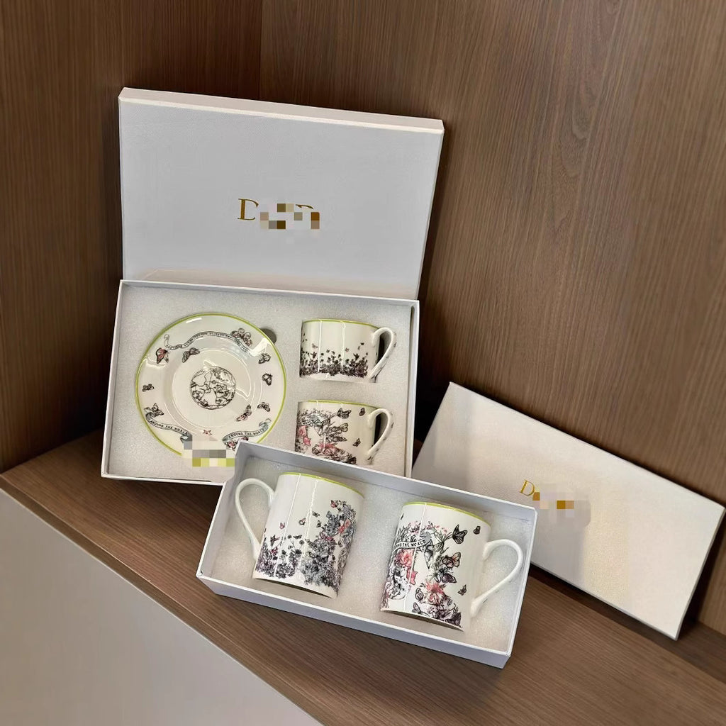 D Family Series Coffee Cup Saucer Mug Pairing Cup Elegant Butterfly Spirit Butterfly and Blossoms Interwoven