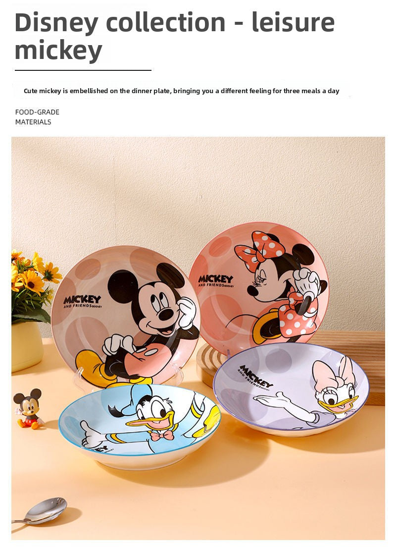 Disney Ceramic Plate High-Value Cartoon Round Plate Le You Mickey Household Underglaze Color Dish Plate High Temperature Resistant Deep Plate